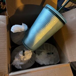 Brand New 16oz Starbucks Textured Blue Tumbler with Straw